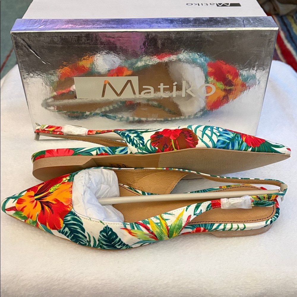 🦜 Matiko Lori Hawaiian Print Flat Pointed Toe Slingback Shoes. New! - Picture 2 of 9
